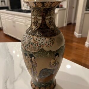 Famille Rose Chinese Ornate Ceramic Vase with Gold and Black Details